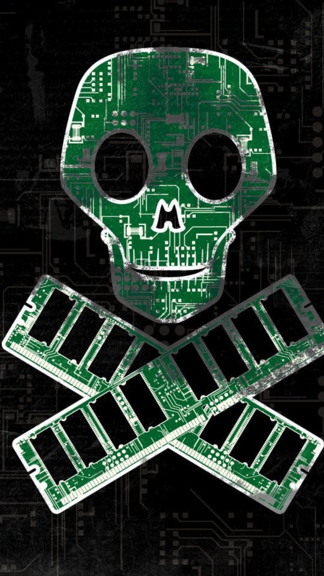 Cybernetic skull and crossed RAM sticks formed from glowing green circuit board patterns on a black background.