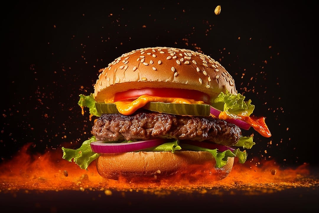 Towering cheeseburger with melted cheese and fresh vegetables set against a dark background with orange embers.