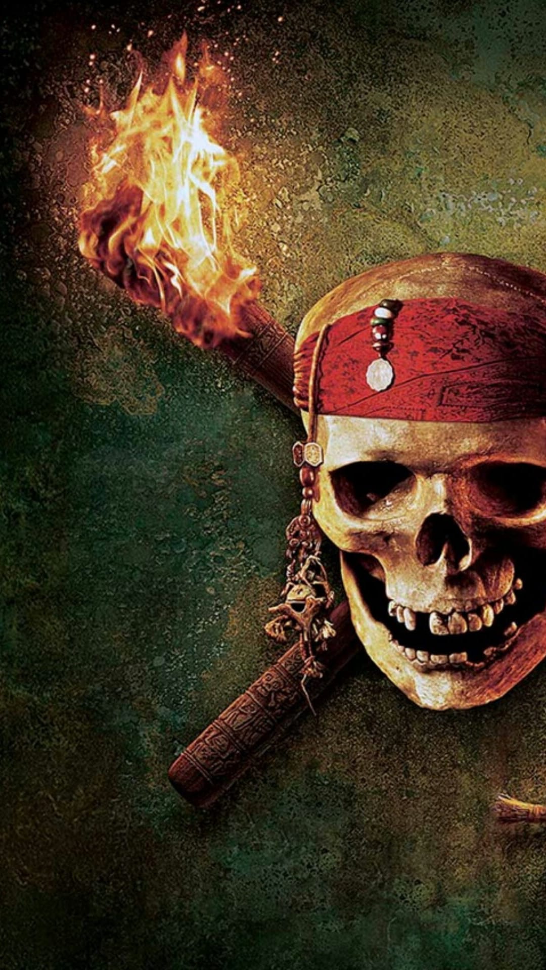 Grinning pirate skull wearing a red bandana with a flaming torch in one eye socket and a carved wooden staff.
