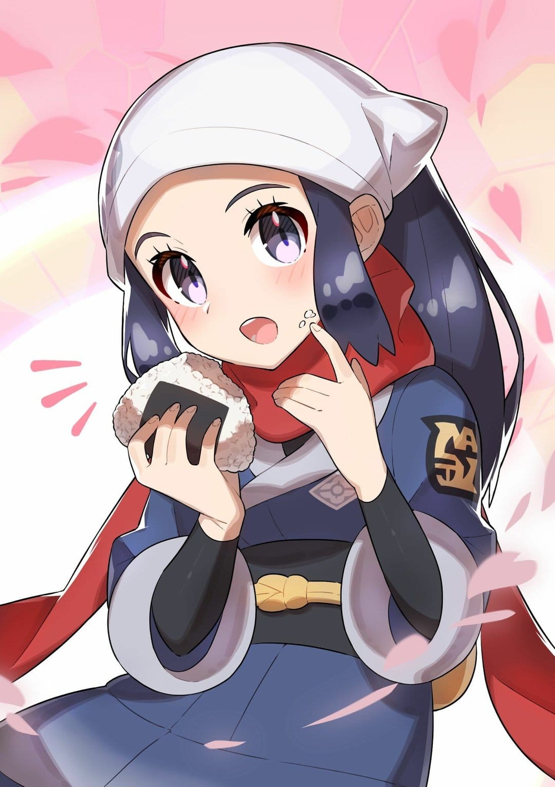 Akari from Pokemon Legends Arceus holding an onigiri rice ball against a soft pink floral and petal background.