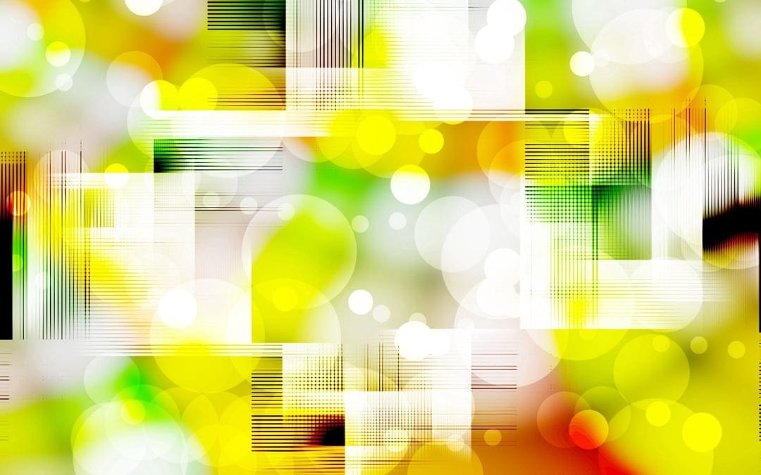 Luminous yellow orbs and green geometric polygons overlap with soft-focus bokeh lights and white light flares.