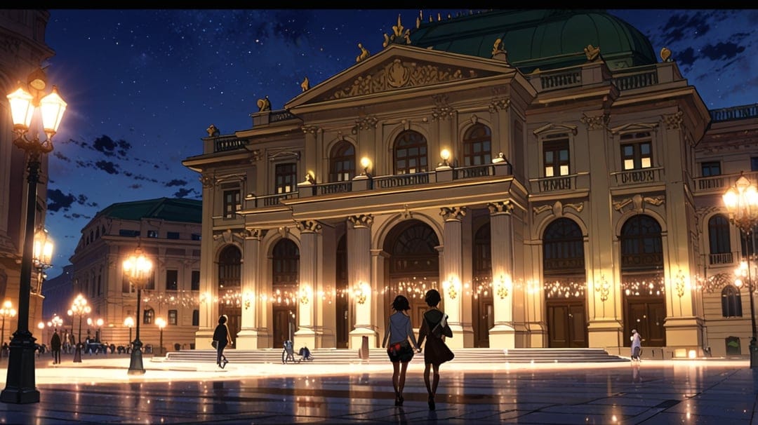 A couple walks across a reflective wet plaza toward a grand lit opera house beneath a clear starry night sky.