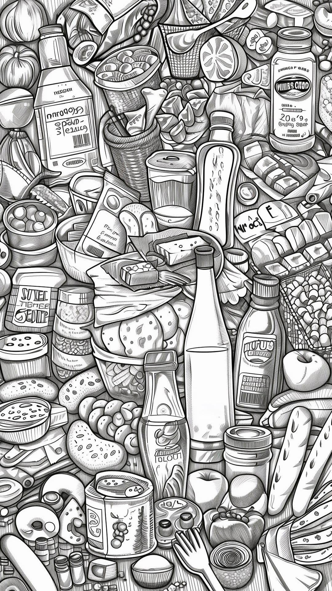 Grocery items like bread, fruits, and canned goods in black and white line art on a clean background.
