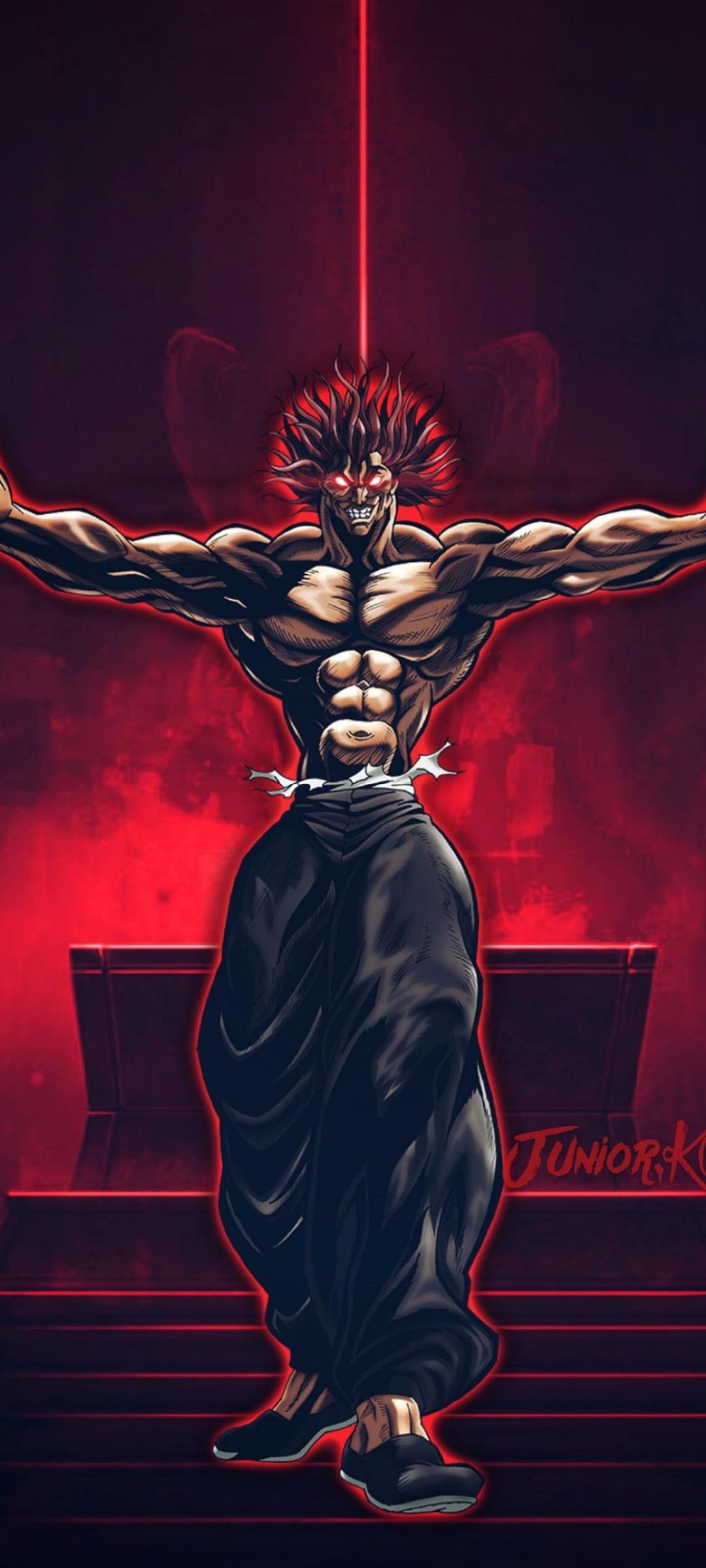Baki Hanma with glowing red eyes and a laser beam on his forehead stands against a dark crimson energy field.