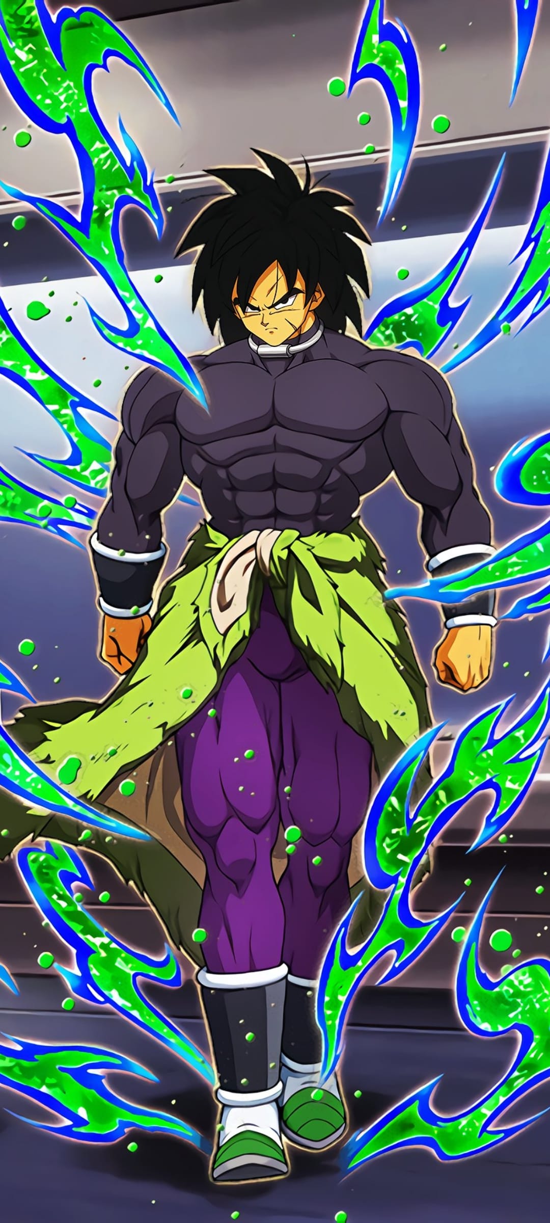 Broly stands in Legendary Super Saiyan form with green auras, wearing purple pants and a green fur pelt around his waist.