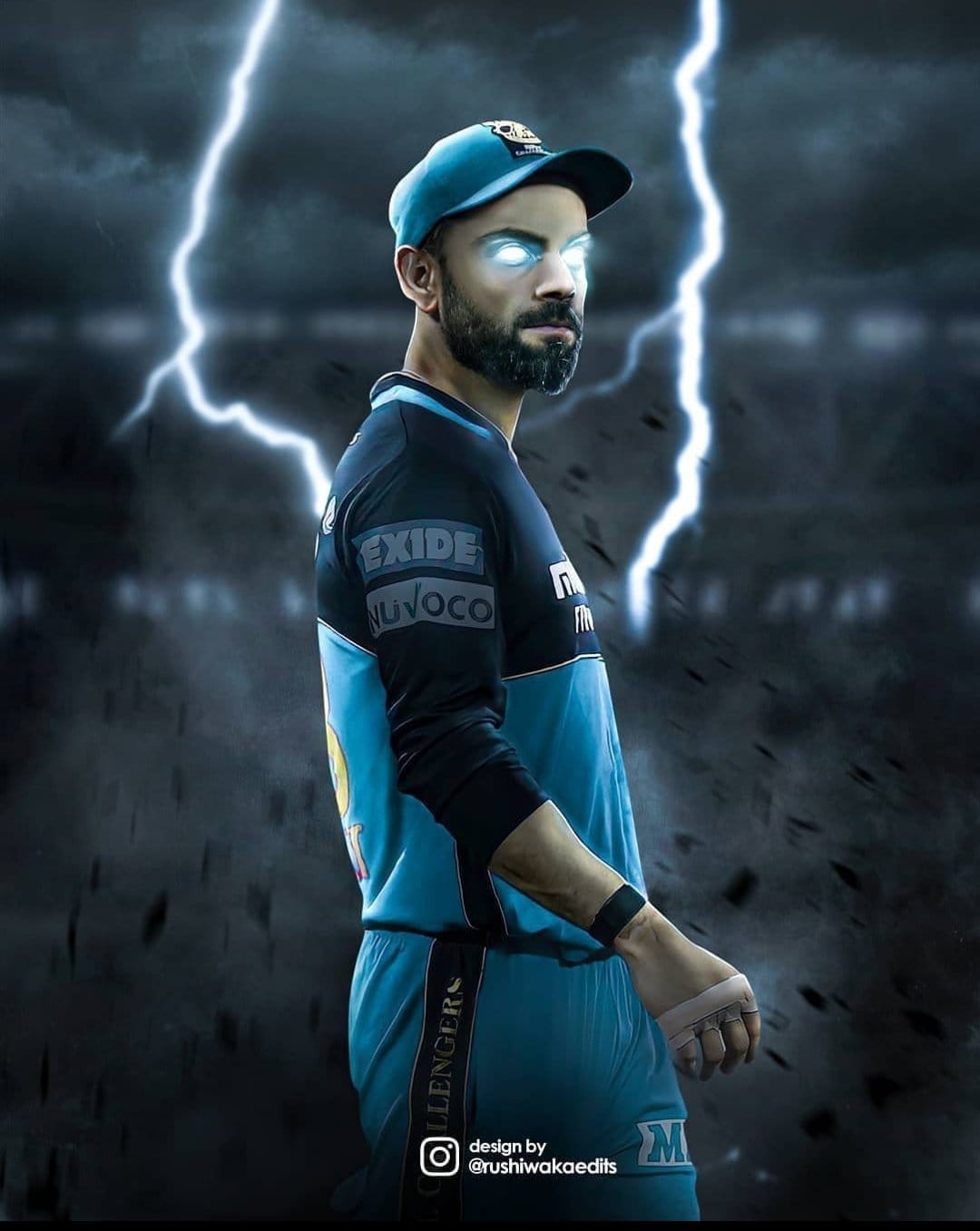 Virat Kohli with glowing eyes stands in a dark stadium under jagged lightning bolts and a stormy sky.