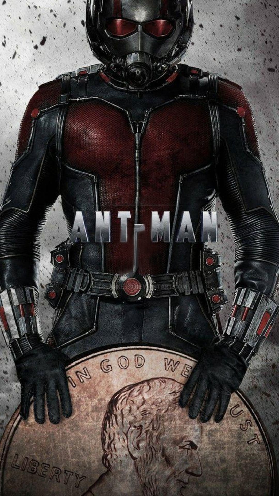 Ant-Man in his silver and red suit holds a massive copper penny featuring the profile of Abraham Lincoln.