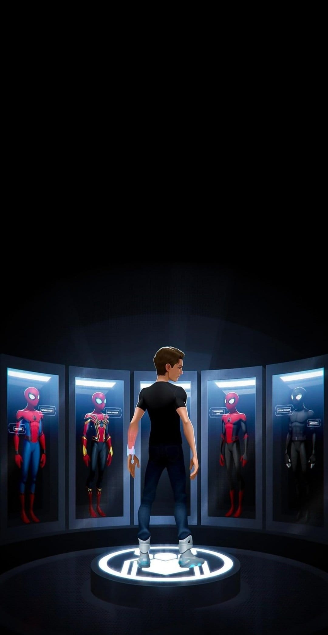 Spider-Man suits displayed in five glowing vertical glass pods inside a dark, high-tech laboratory armory.