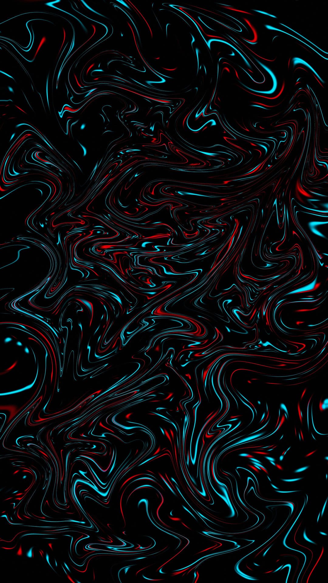 Radiant red and blue fluid swirls intertwine across a deep black void with a sense of high-energy motion.