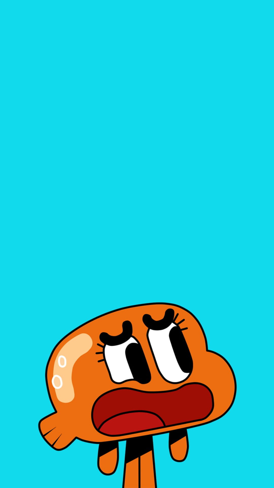 Darwin Watterson with wide eyes and a shocked expression stands centered against a solid cyan background.