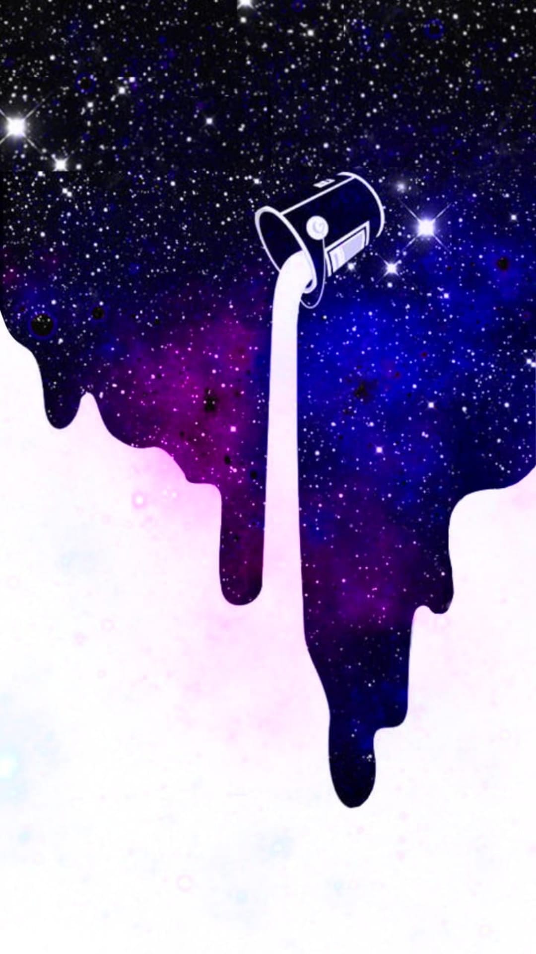 Tipped bucket pouring a stream of starry galaxy liquid with deep purple and blue swirls on a white background.