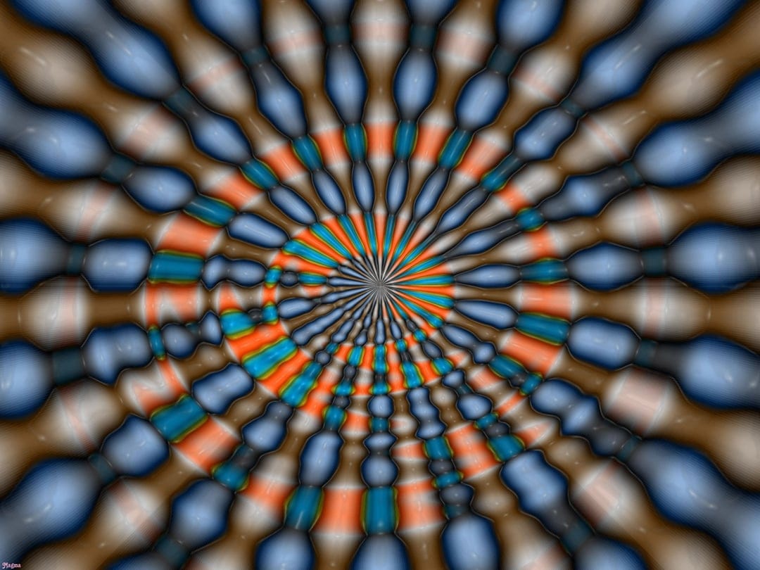 Vibrant orange and sapphire blue concentric rings forming a symmetrical, hypnotic radial geometric pattern.