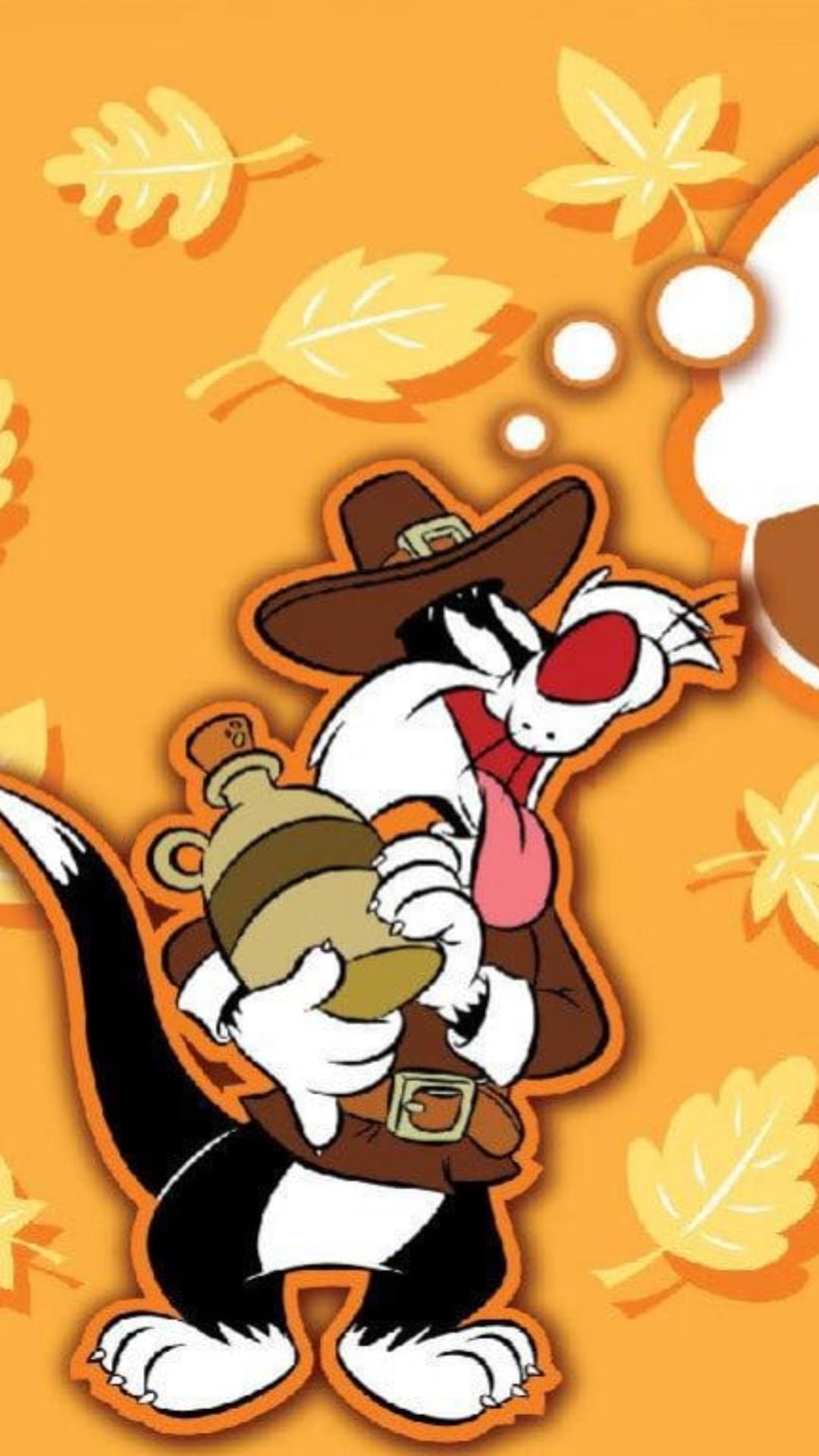 Sylvester the Cat in a brown pilgrim hat and vest holds a jug while orange autumn leaves fall around him.