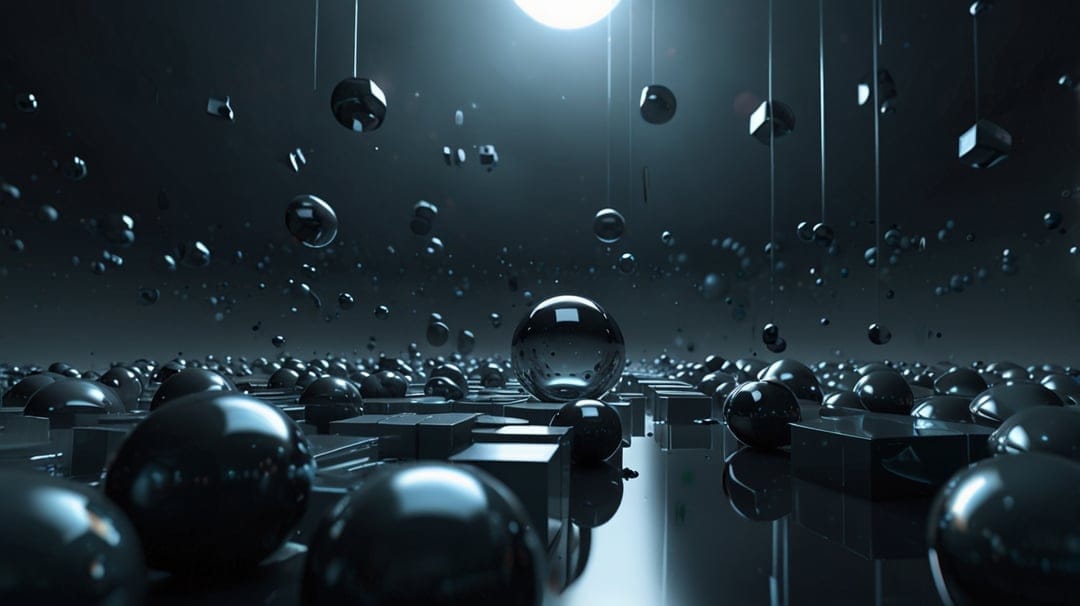Black glossy spheres and cubes on a reflective floor with suspended orbs under bright, atmospheric backlight.