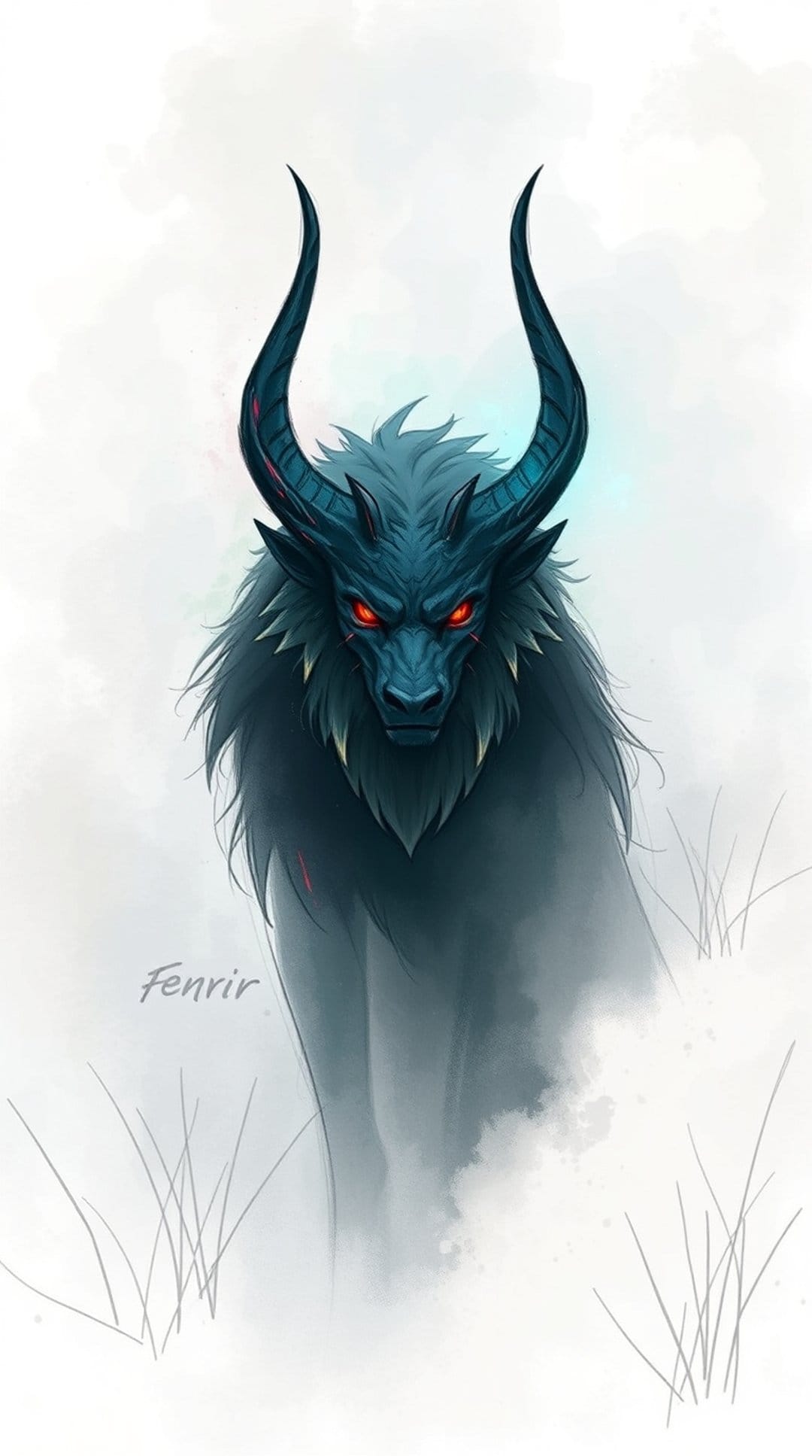 Fenrir wolf with glowing red eyes, dark horns, and obsidian fur stands in a misty, atmospheric Norse landscape.