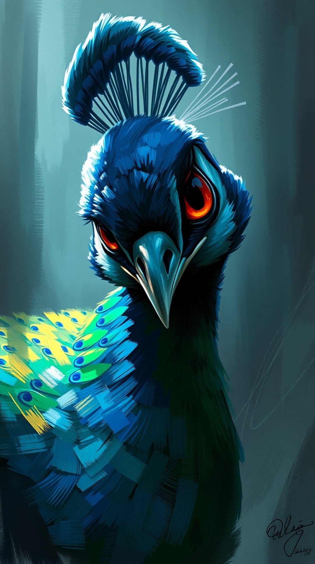 Peacock portrait featuring fiery red eyes, iridescent blue feathers, and green plumage against a dark background.