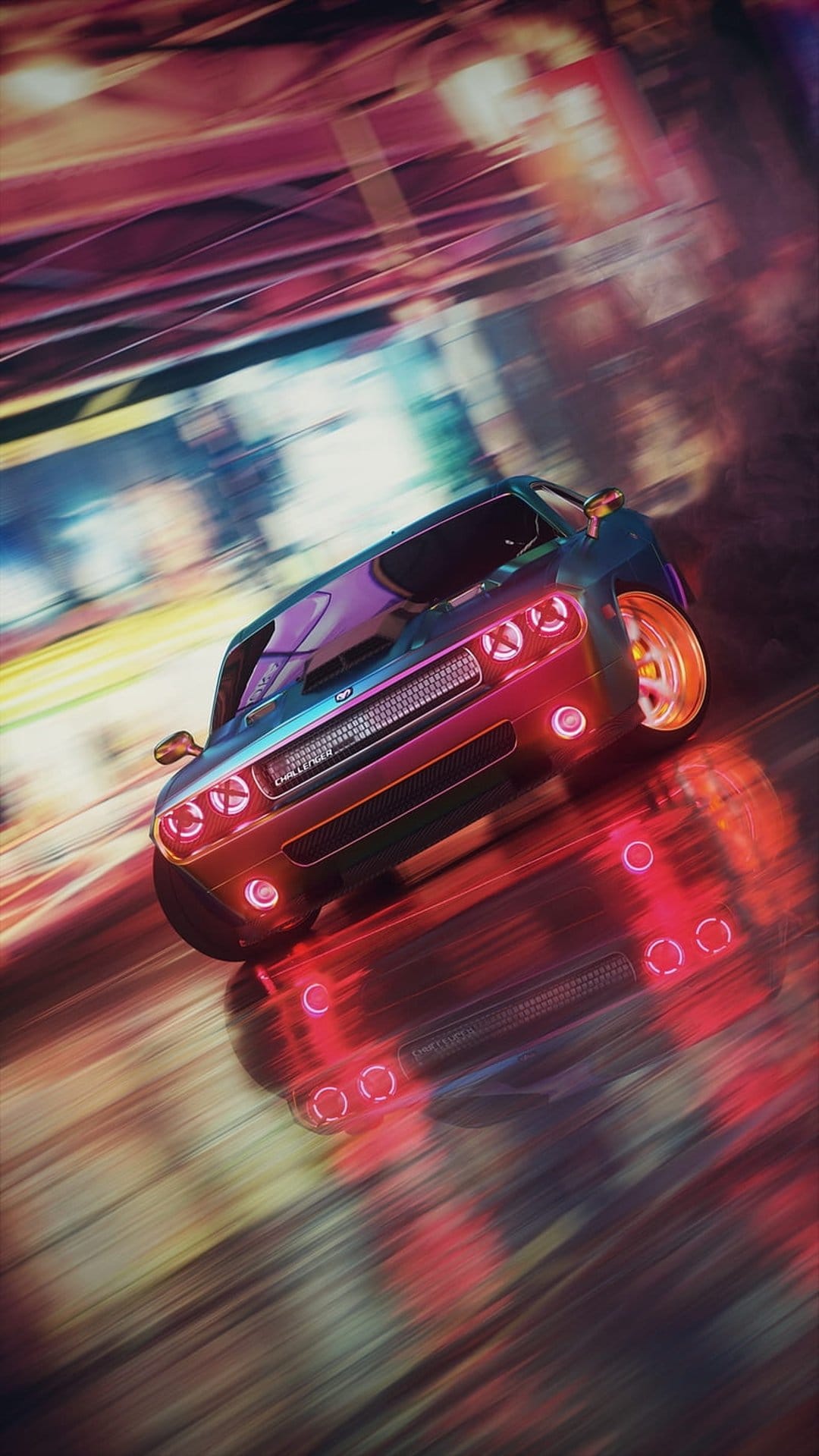 Dodge Challenger drifting through a neon-lit city at night with vibrant pink and blue light trails on the road.