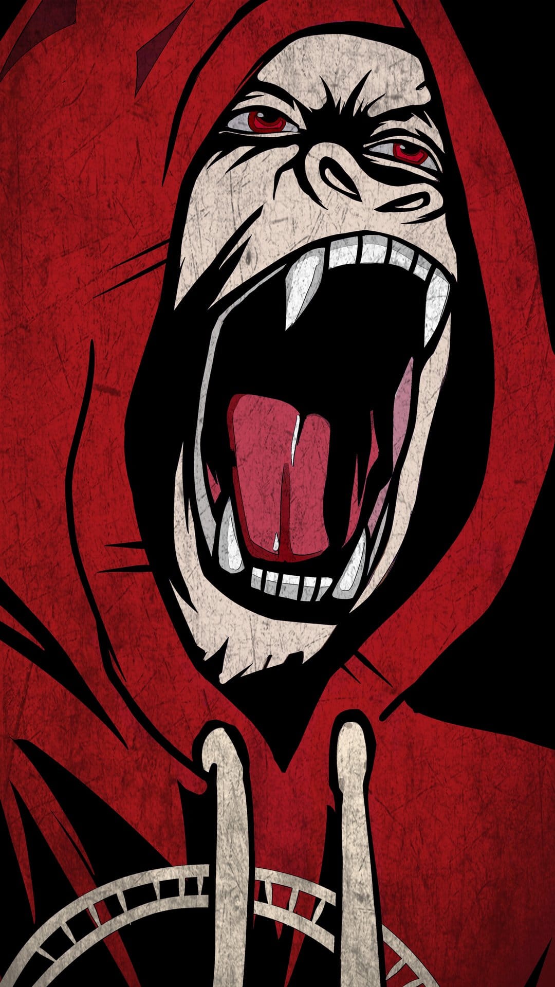 Roaring gorilla with sharp teeth and red eyes wears a red hooded sweatshirt against a dark textured backdrop.