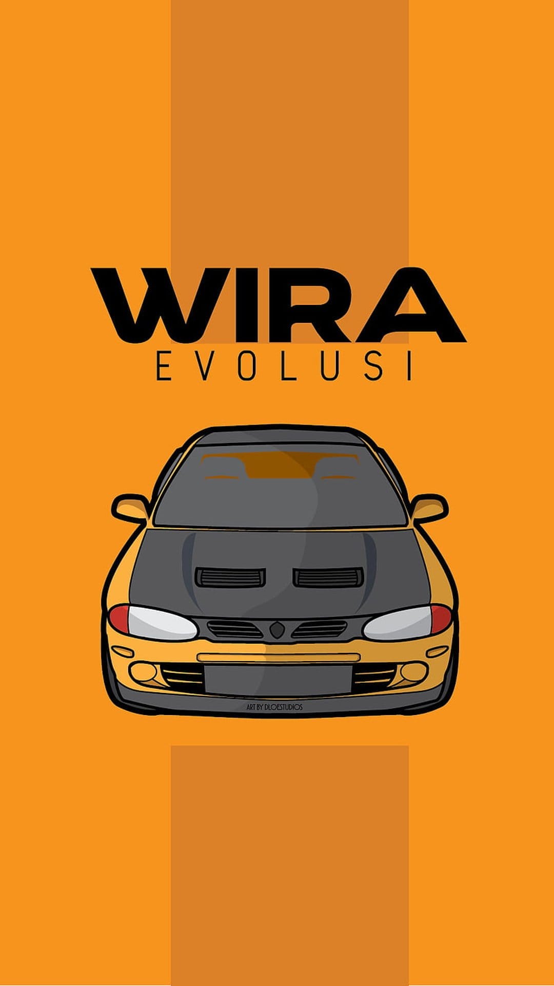 Yellow Wira Evolusi car with a black hood and bold black lettering over a vibrant orange solid background.