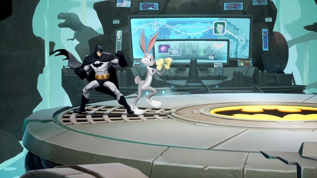Batman and Bugs Bunny pose on a Batcave platform with the Batcomputer and a T-Rex silhouette visible behind them.