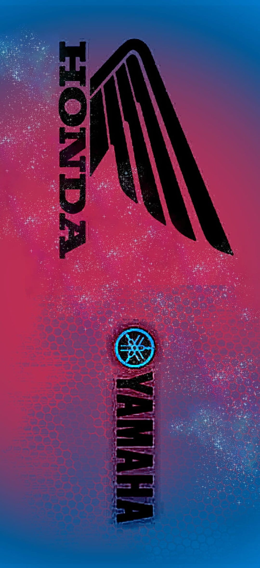 Honda wing and Yamaha circular emblems overlay a pink and blue gradient galaxy background with white starlight.