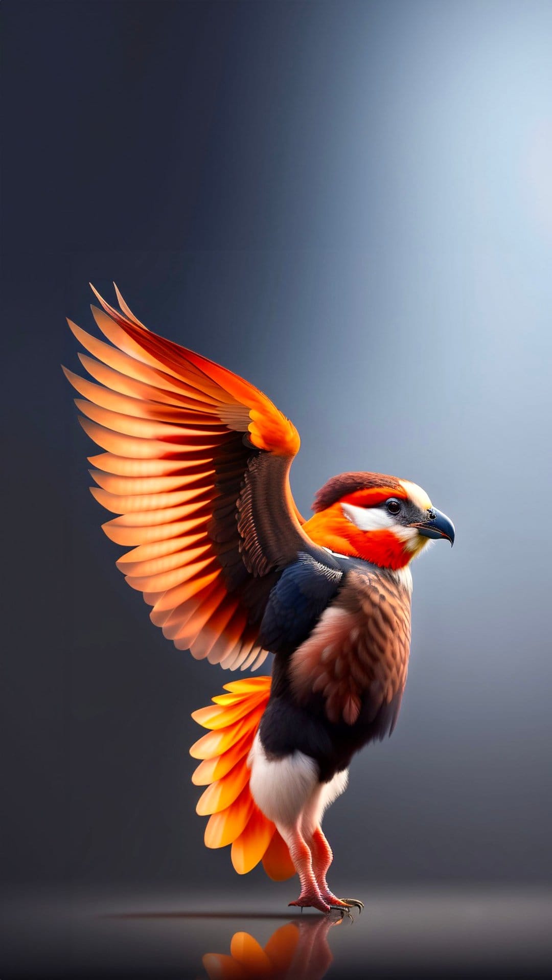 Mythical bird with radiant orange wings and a red face spreads its feathers over a dark, reflective surface.