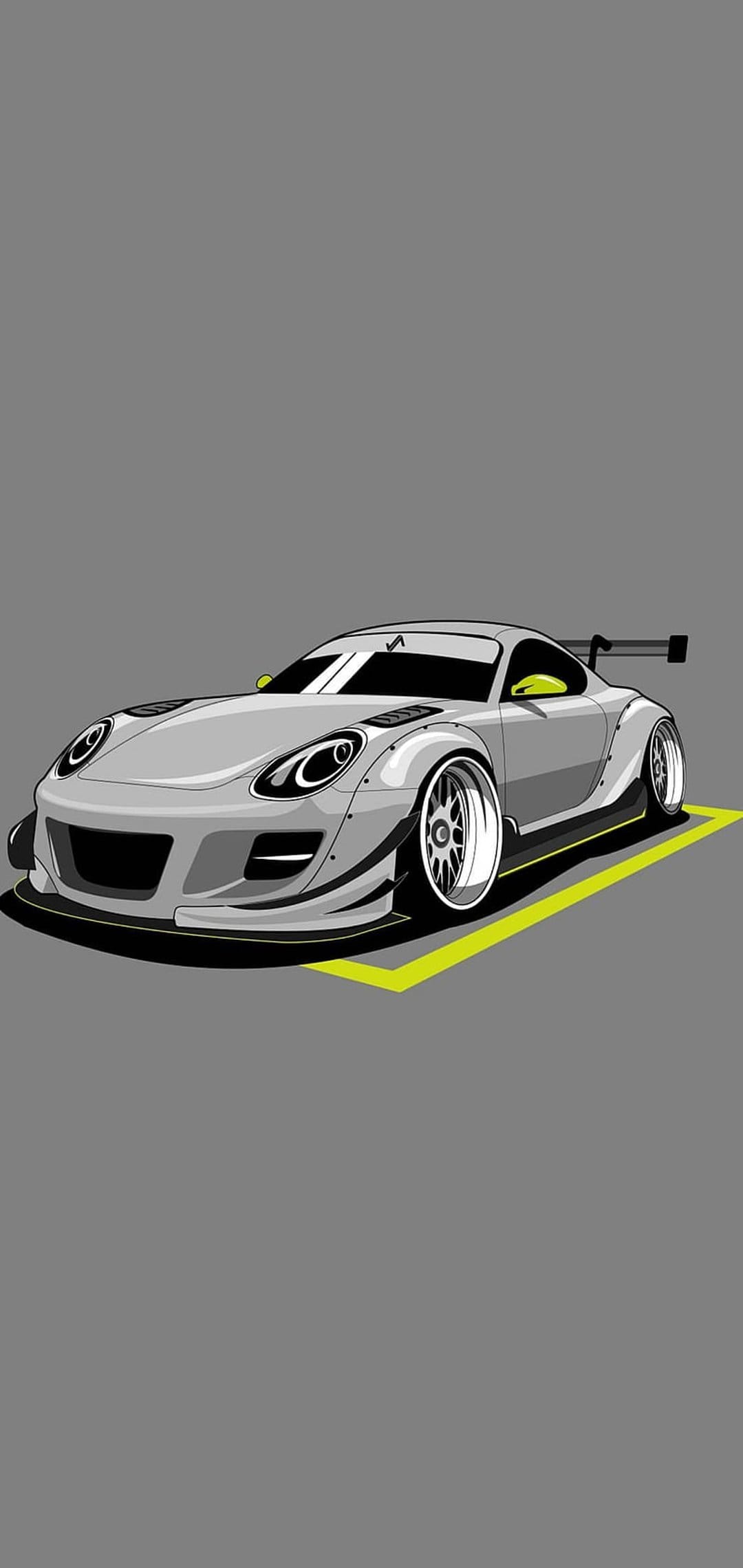 Gray sports car with widebody kit and yellow accents parked on a gray background with yellow ground markings.