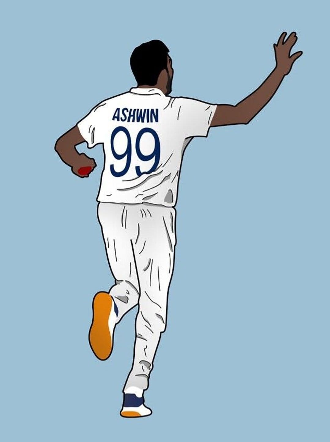 Jofra Archer in white England kit bowls a red cricket ball against a solid red background during a Test match.