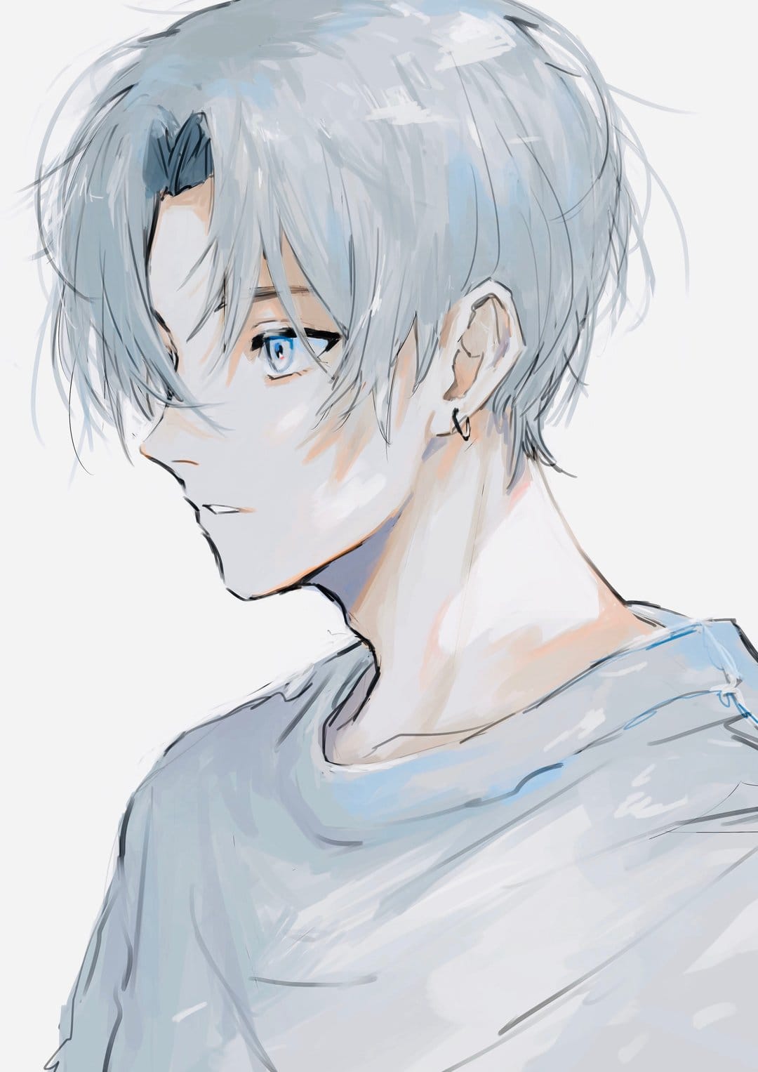 Silver-haired young man with light blue eyes wears a hoodie and gazes sideways with a thoughtful expression.