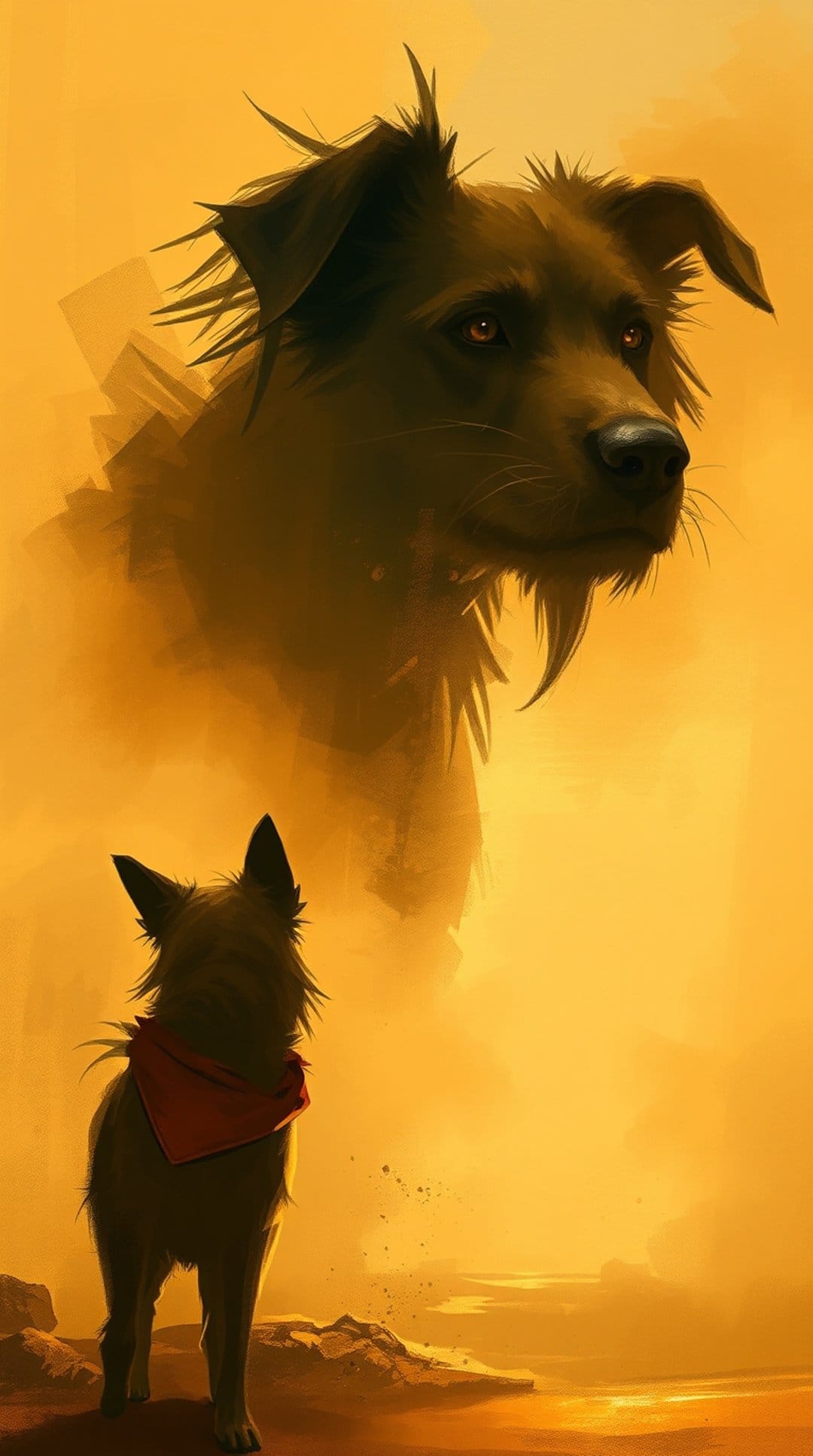 A small dog with a red bandana stands before a massive, shadowy canine spirit in a golden orange glow.