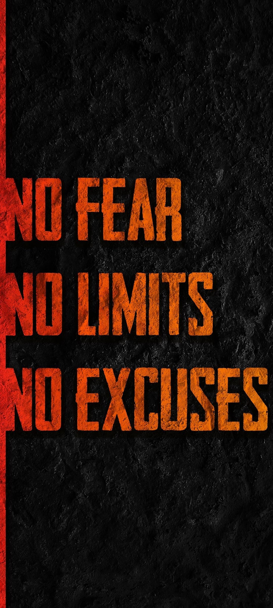 Orange typography reading No Fear No Limits No Excuses set against a textured black and red gritty backdrop.