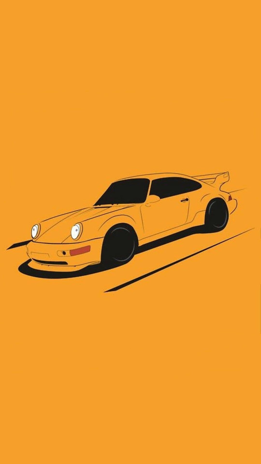 Yellow Porsche 911 sports car with black accents on a flat orange background in a minimalist style.