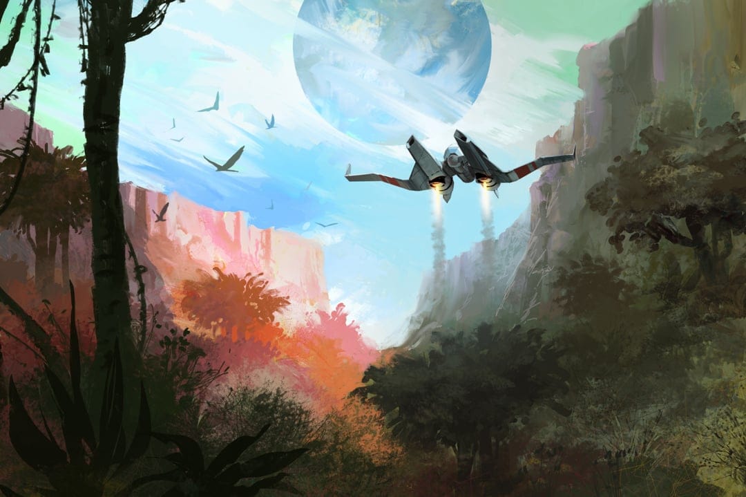 Sci-fi starfighter flies through a colorful alien canyon with a large planet in the sky and lush jungle plants.