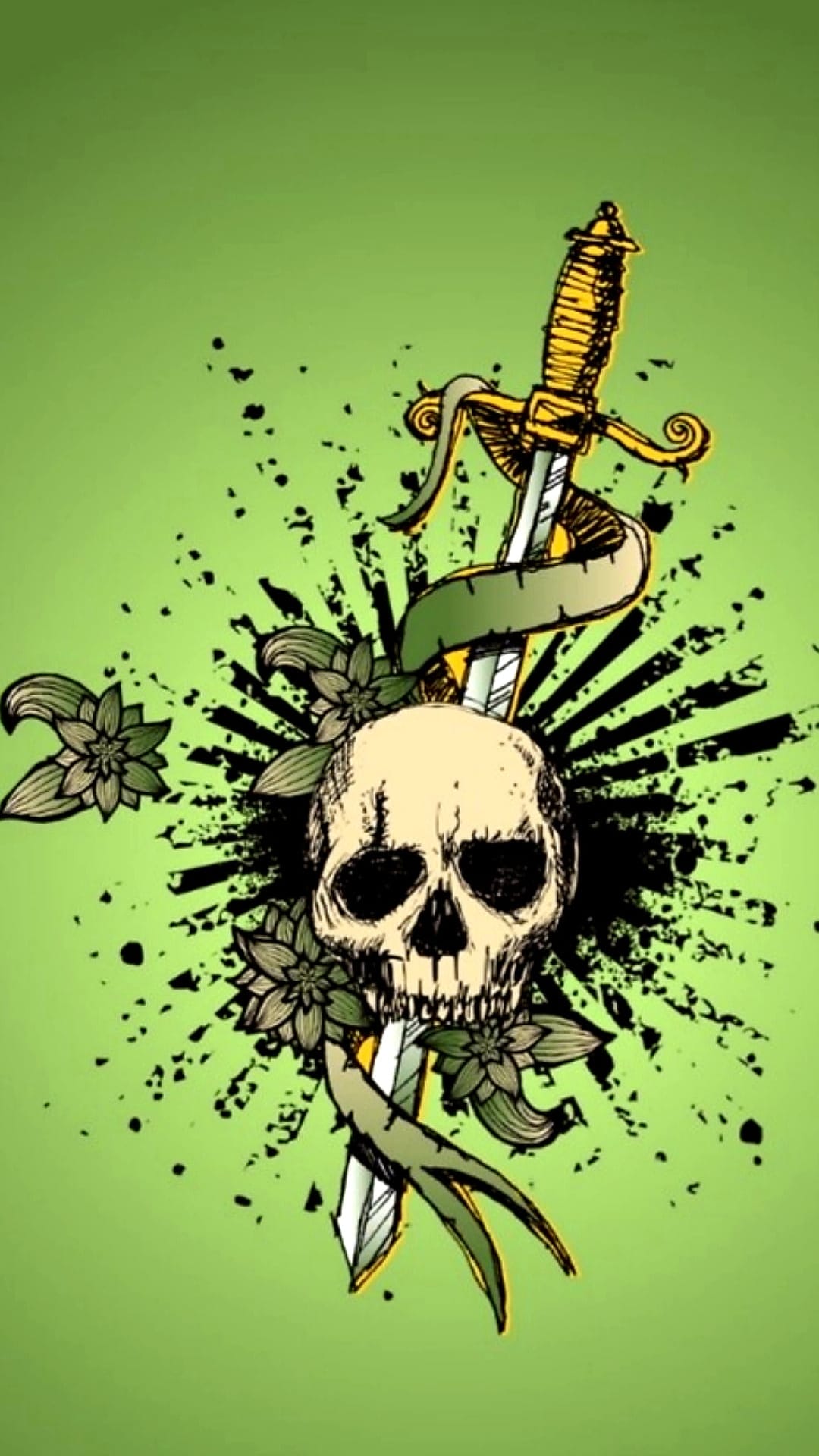 Weathered skull impaled by a decorative silver sword with floral accents on a vibrant green grunge background.