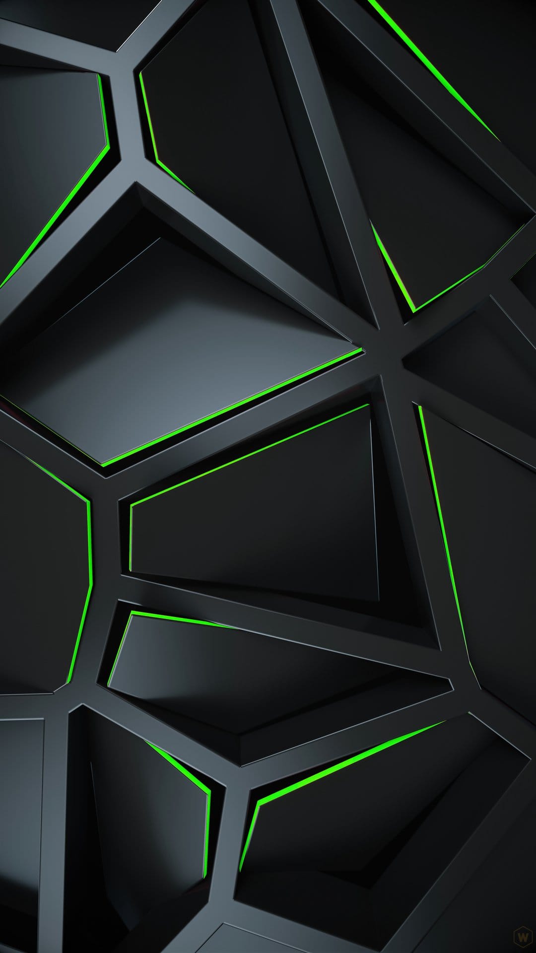 Interlocking matte black geometric tiles feature glowing neon green edges with deep shadows and 3D depth.