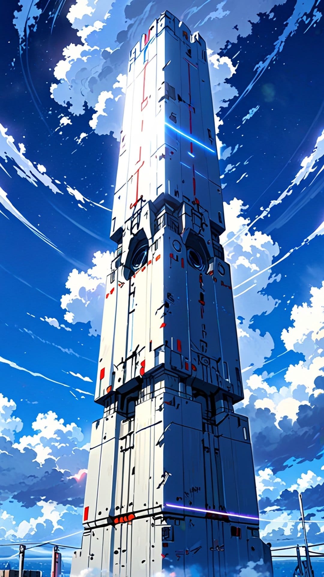 Massive futuristic tower with glowing red accents stands amidst swirling blue clouds under a bright sky.