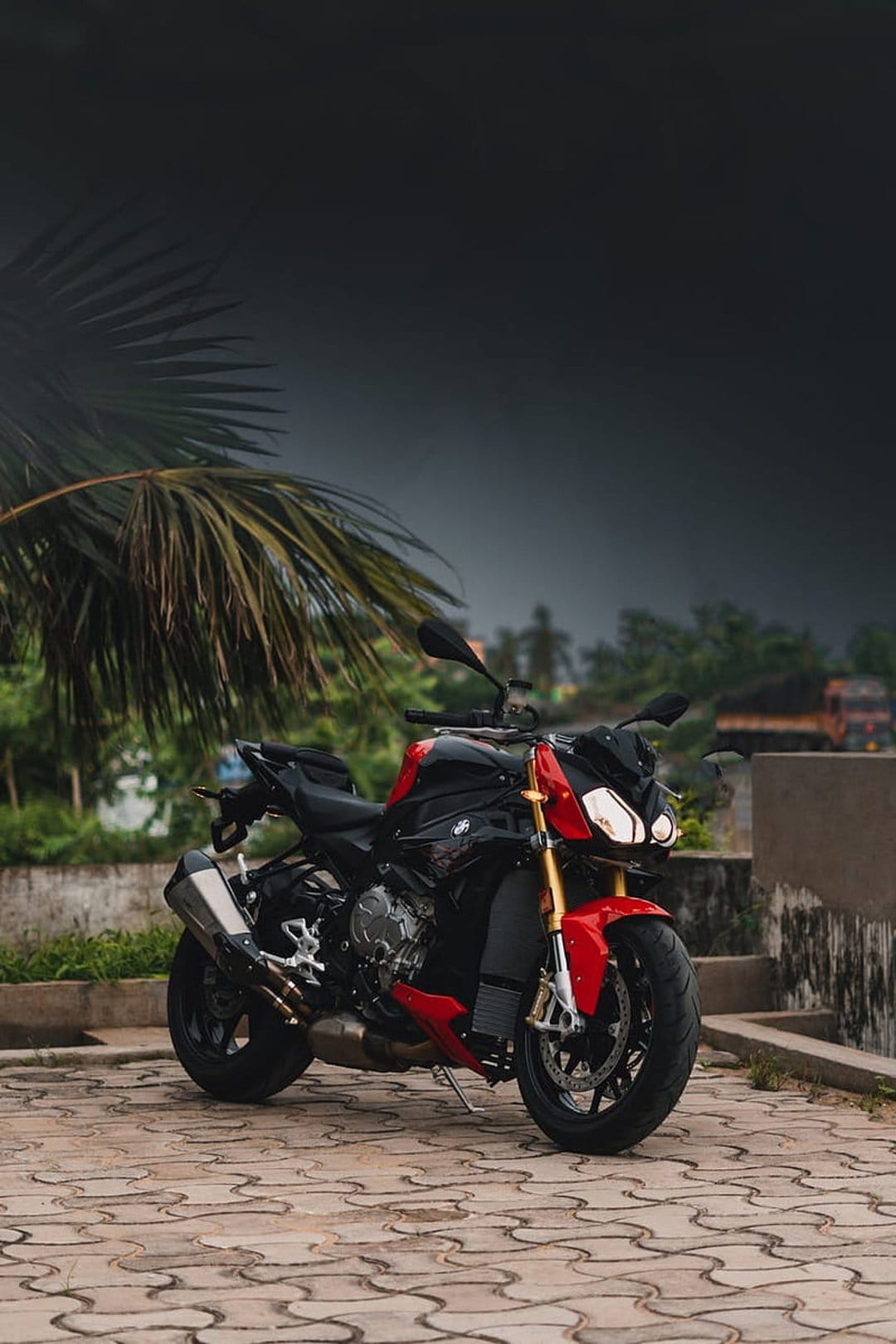 Red and black BMW S1000R motorcycle with gold forks parked on stone under a palm tree and cloudy sky.