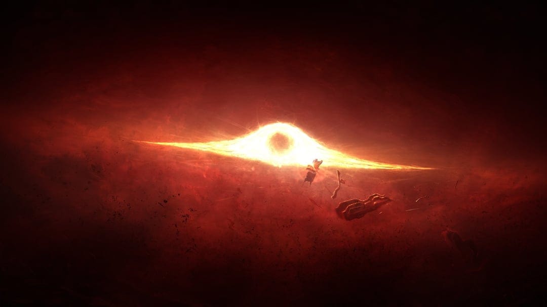 Black hole with a glowing accretion disk and floating debris against a deep red nebula in distant space.