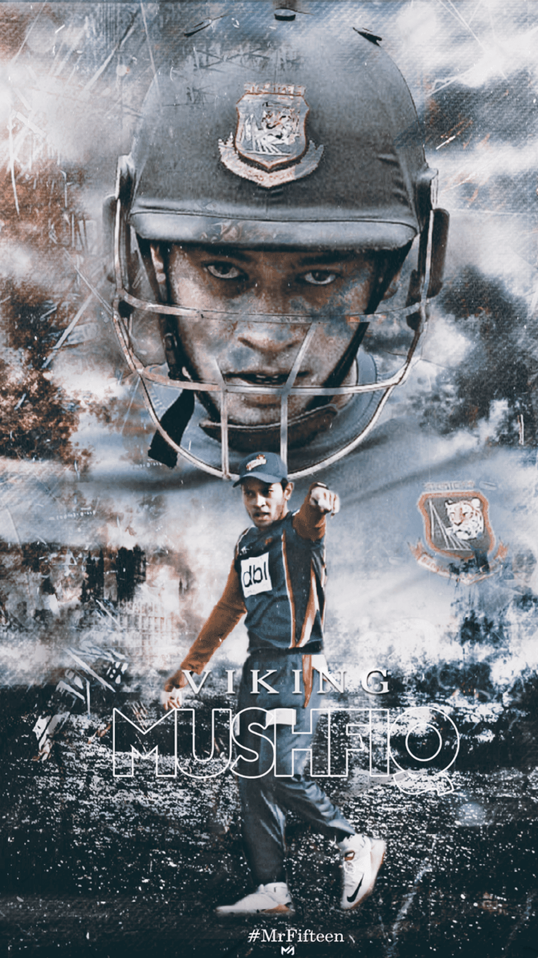 Mushfiqur Rahim points forward in a cricket jersey with a large helmeted face in the dark gritty background.