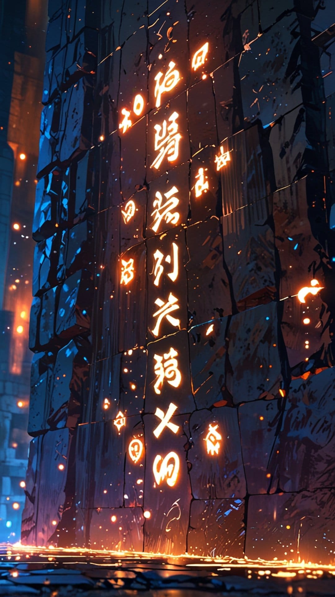 Weathered stone pillar engraved with glowing blue runes amidst floating embers and ethereal orange light.