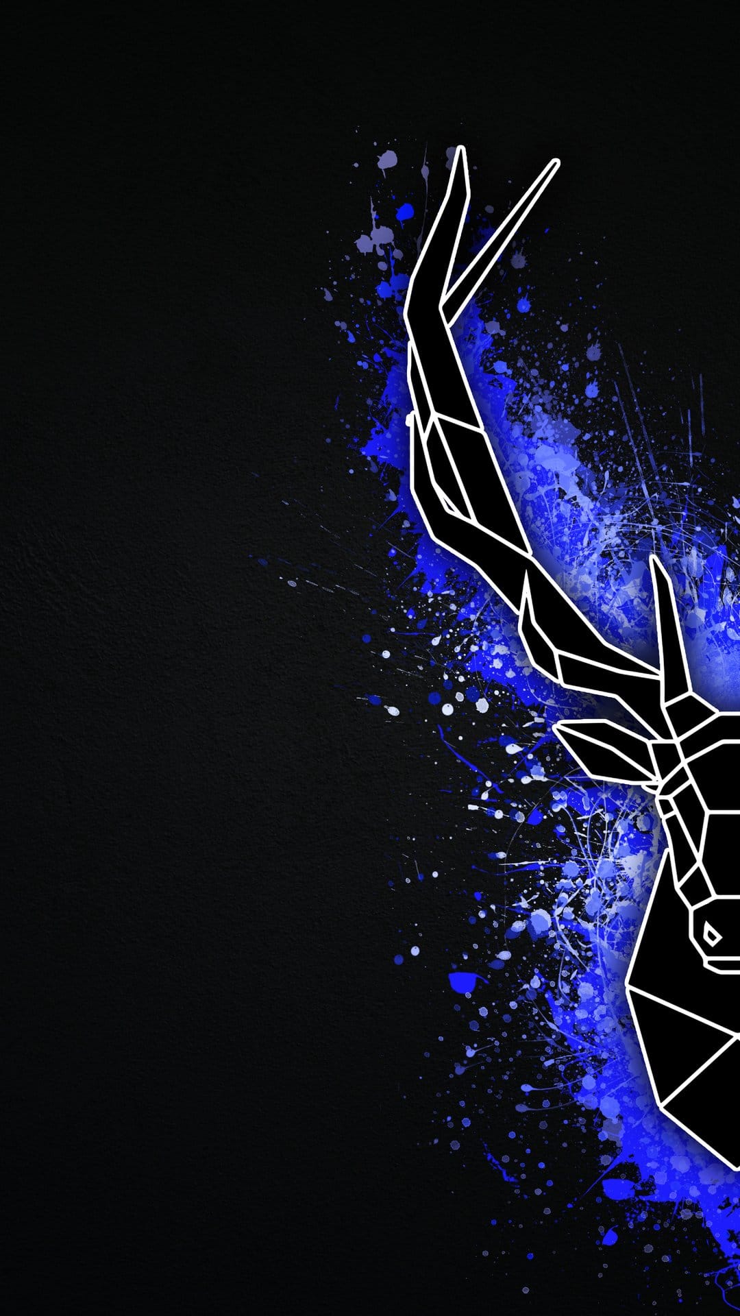 White geometric stag head with vibrant blue paint splatters and abstract shapes on a textured black background.