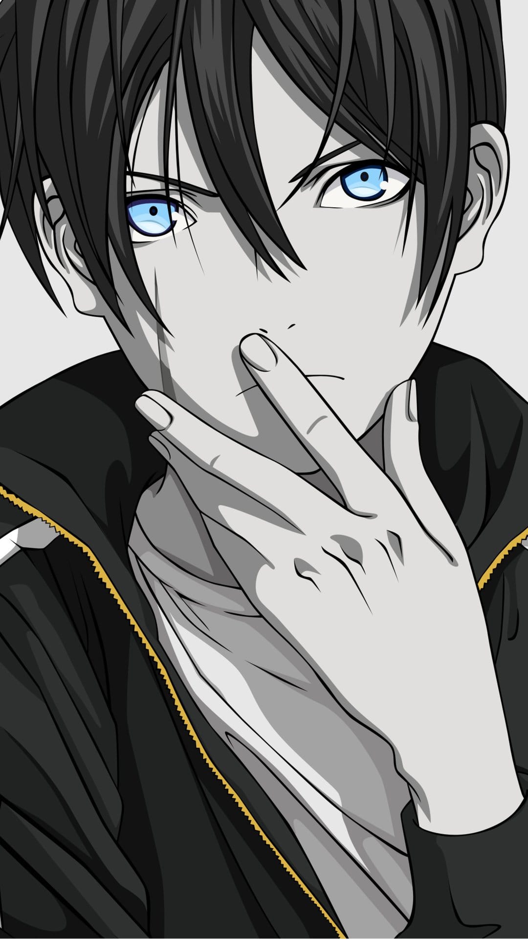 Dark-haired man with a facial scar and glowing blue eyes rests his hand on his chin against a grayscale backdrop.