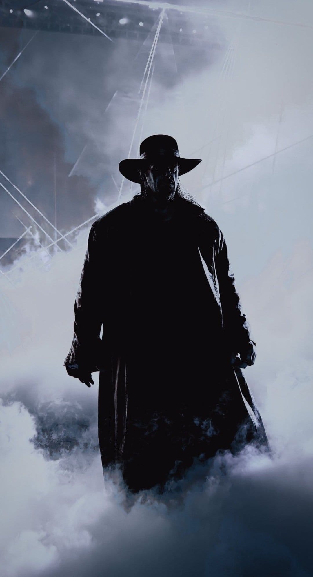 Tall man in a trench coat and wide-brimmed hat stands in dense white smoke with dramatic backlighting.