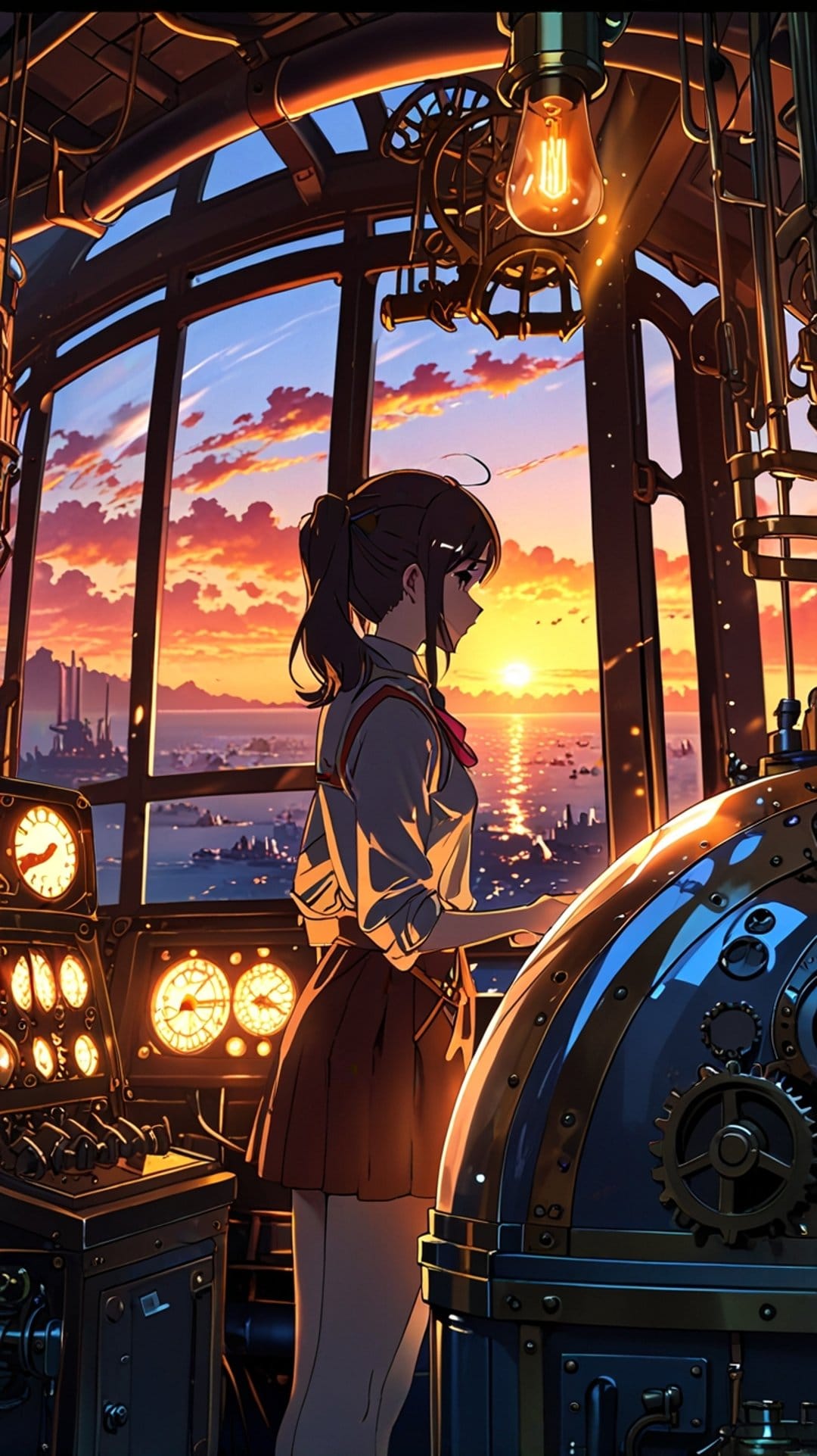 Girl with a ponytail gazes at a sunset ocean from a mechanical room full of brass pipes, gauges, and glass domes.