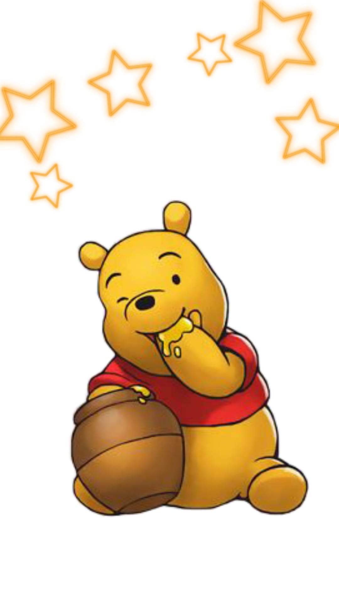 Winnie the Pooh clutches a honey pot with his eyes closed while golden stars sparkle in the dark background.