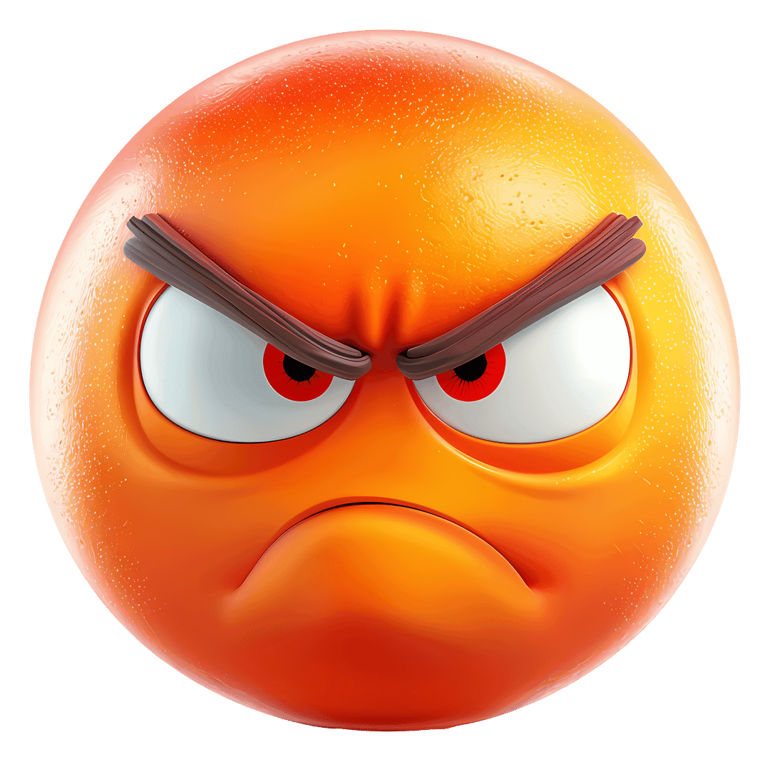 Frowning orange emoji character with a matte 3d texture and furrowed eyebrows on a transparent background.
