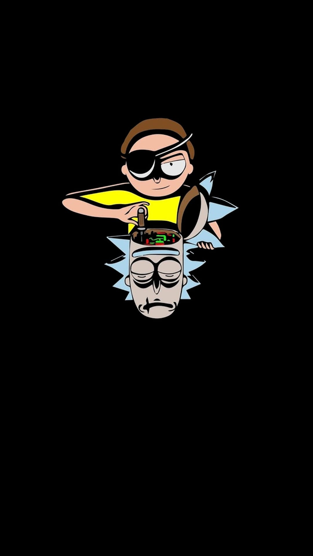 Morty Smith with an eye patch reaches toward Rick Sanchez’s open head filled with intricate blue electronic wires.