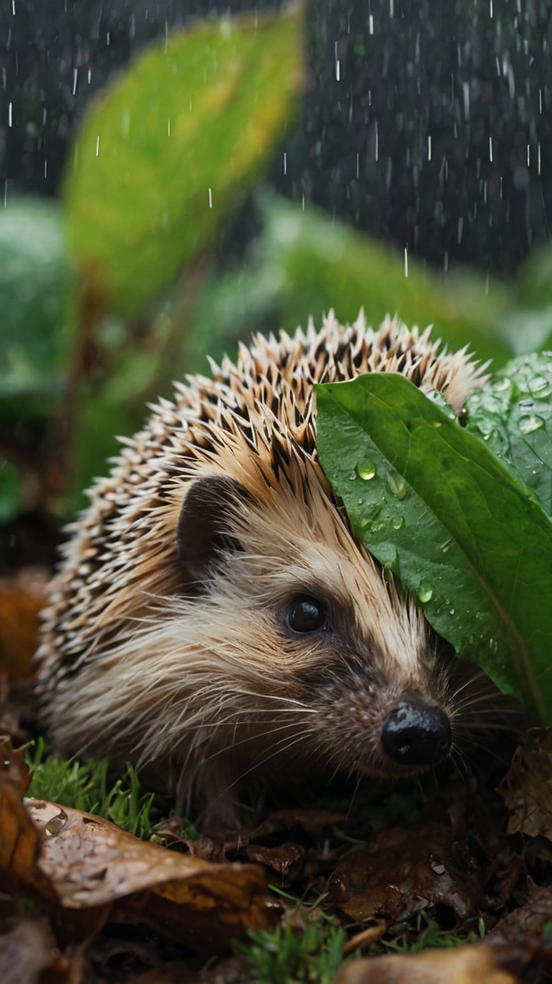 Hedgehog huddled under a large wet green leaf with raindrops and moss in a soft-focus forest background scene.