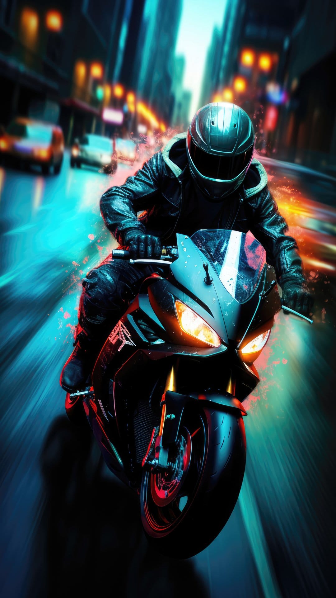 Motorcyclist in futuristic armor leans through a rainy street illuminated by vibrant pink and blue neon signs.