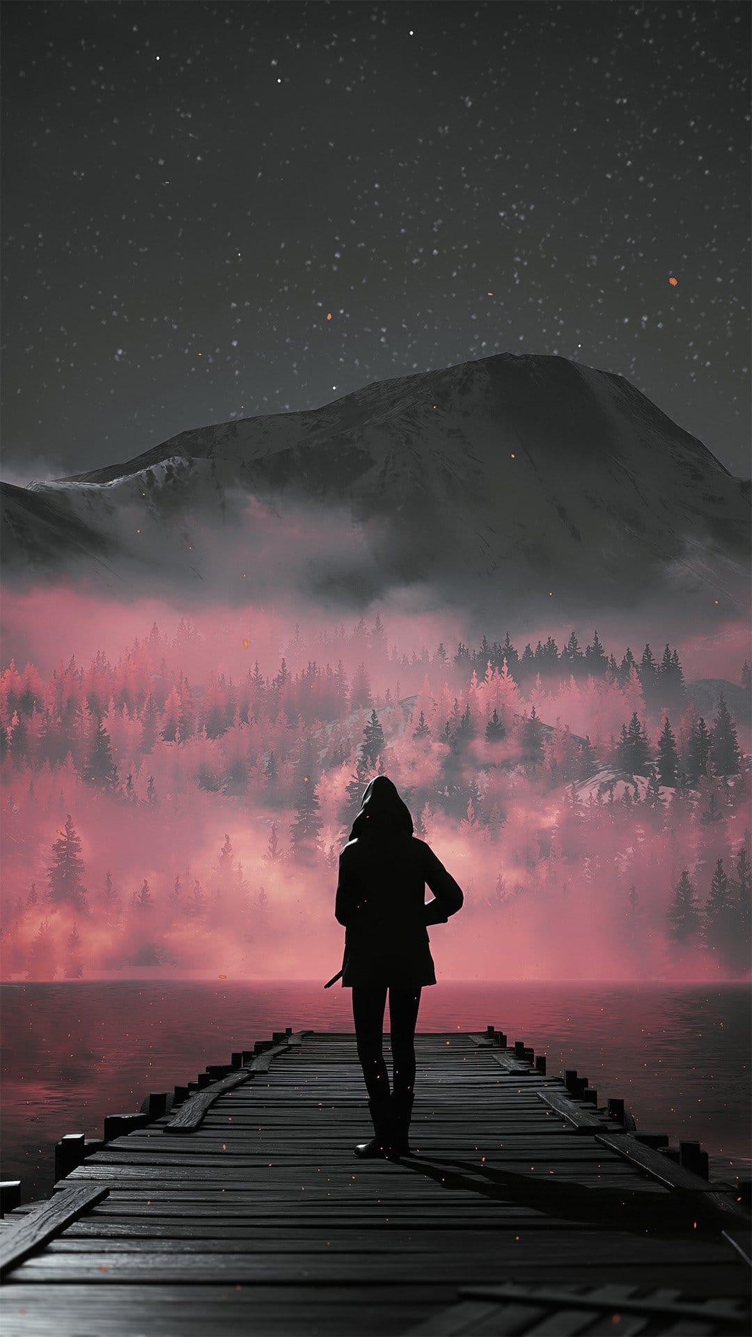 Hooded person standing on a weathered wooden pier over red water toward distant mountains under a starry night sky.